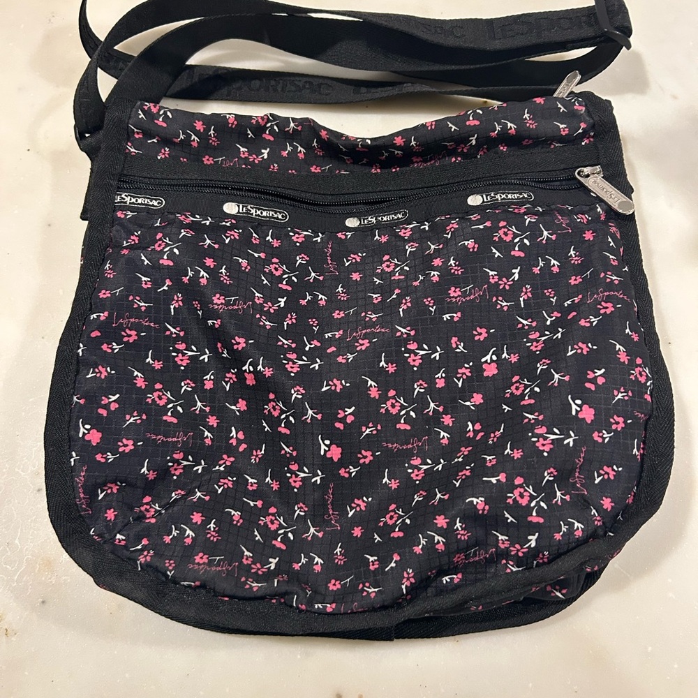LeSportsac Black and Pink Floral Crossbody Bag